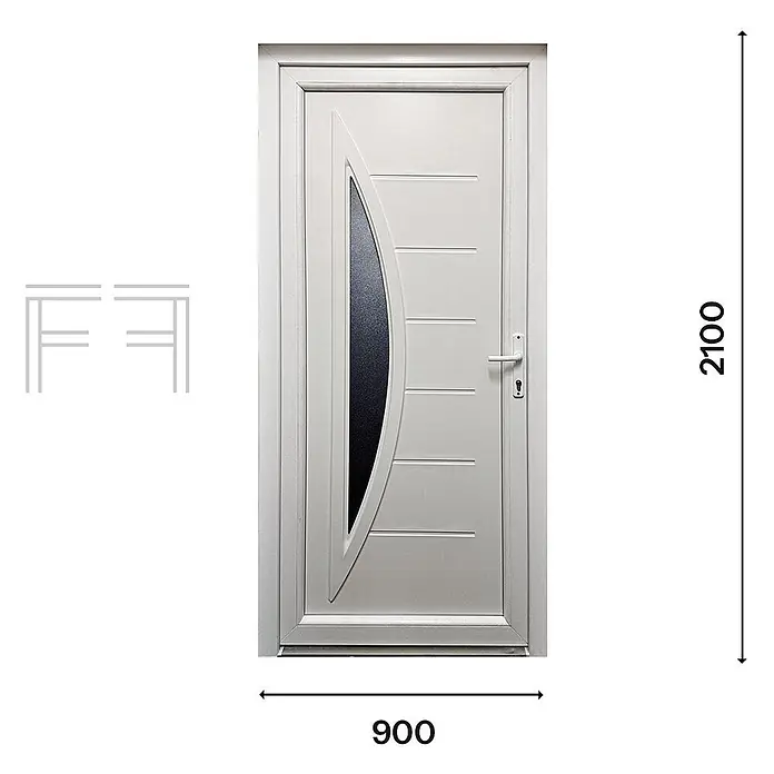 PVC-Haustür M5, Weiß, 900 x 2100 mm, DIN-Anschlag links -  - Weiße moderne Haustür mit geschwungener dunkler Glasfüllung und Querstreifen, 900x2100.