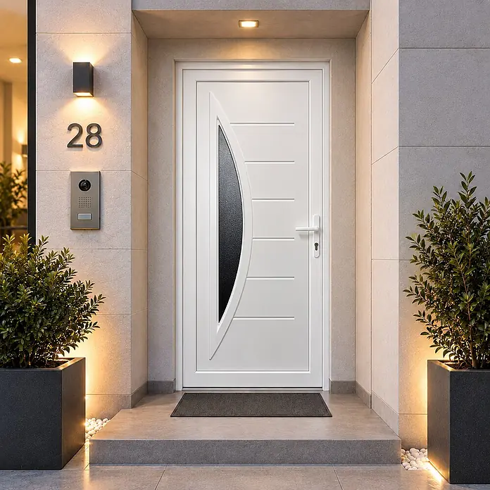 PVC-Eingangstür M5, Weiß, 1000 x 2100 mm, DIN-Anschlag rechts -  - Moderne weiße Haustür mit geschwungener Glaseinlage und horizontalen Linien, an einem Hauseingang mit Hausnummer und Gegensprechanlage.