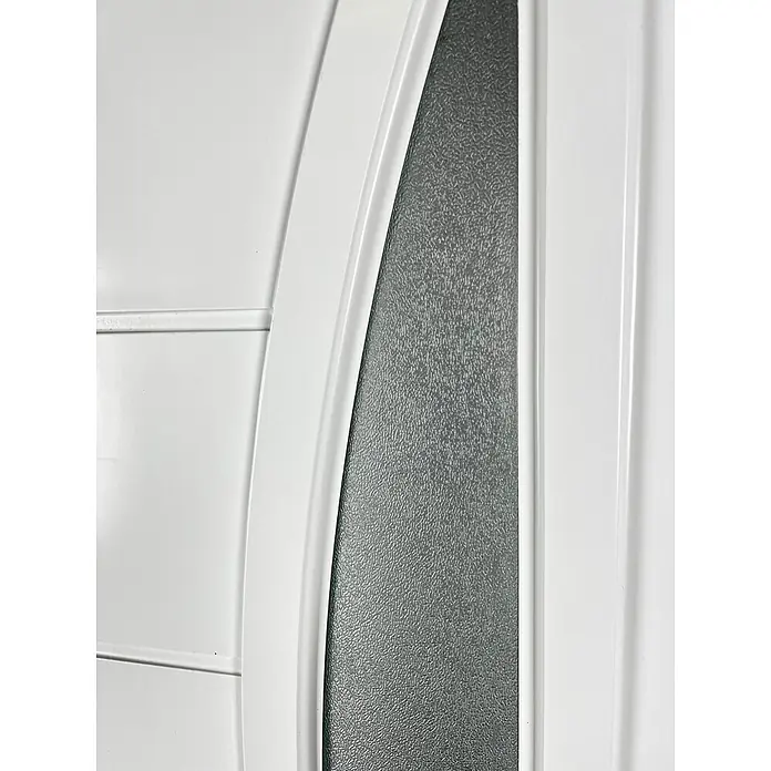 PVC-Eingangstür M5, Weiß, 1000 x 2100 mm, DIN-Anschlag rechts -  - Weiße Türplatte mit gewölbtem Rahmen und strukturierter Sichtschutzglaseinlage.