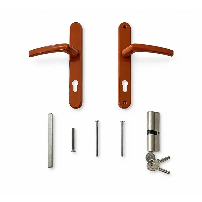 PVC-Haustür Eiche MG3, 100 x 210 cm, DIN-Anschlag rechts -  - Set brauner Türdrückergarnituren mit Schlüssellöchern, Zylinderschloss mit Schlüsseln, Vierkantstift und Schrauben.