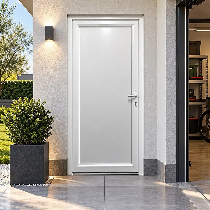 PVC-Eingangstür Weiß Basic, 900 x 2100 mm, DIN-Anschlag rechts -  - Weiße moderne Nebeneingangstür mit Griff und Schloss, in Außenumgebung.