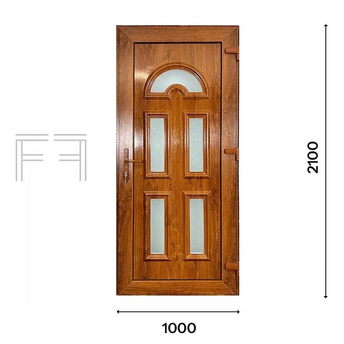 PVC-Eingangstür Eiche MG2, 100 x 210 cm, DIN links -  - Braune Holztür mit gewölbter Glasscheibe oben und vier rechteckigen Glasscheiben.