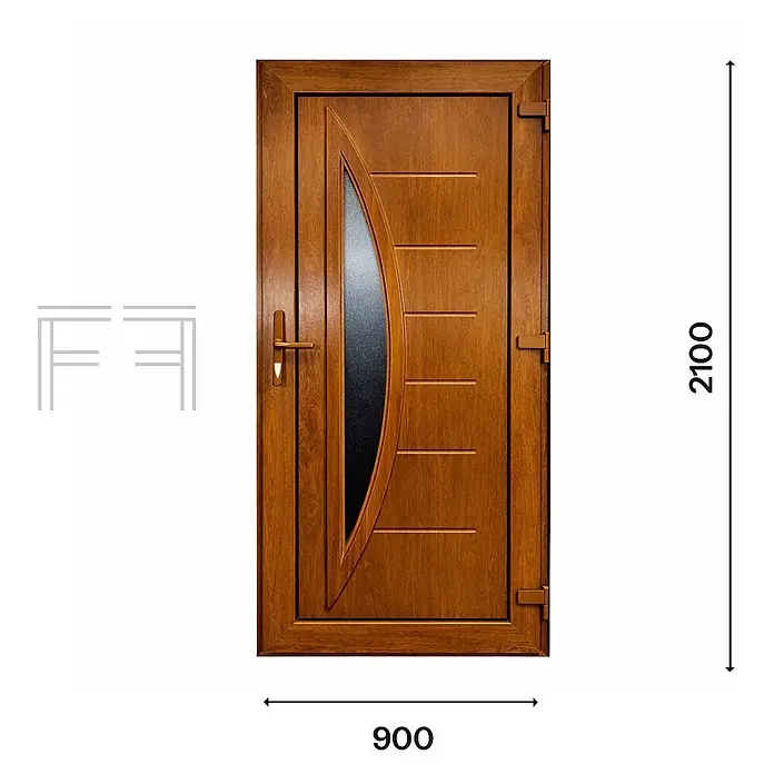 PVC-Eingangstür Eiche MG5, 900 x 2100 mm, DIN-Anschlag rechts -  - Braune Holzoptik-Eingangstür mit gebogener Milchglasscheibe und horizontalen Rillen, Maße 900x2100.