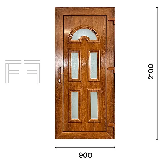 PVC-Eingangstür Eiche MG2, 900 x 2100 mm, Anschlag rechts -  - Braune Haustür aus Holz mit satinierten Glaseinsätzen, Maße 900x2100 mm.