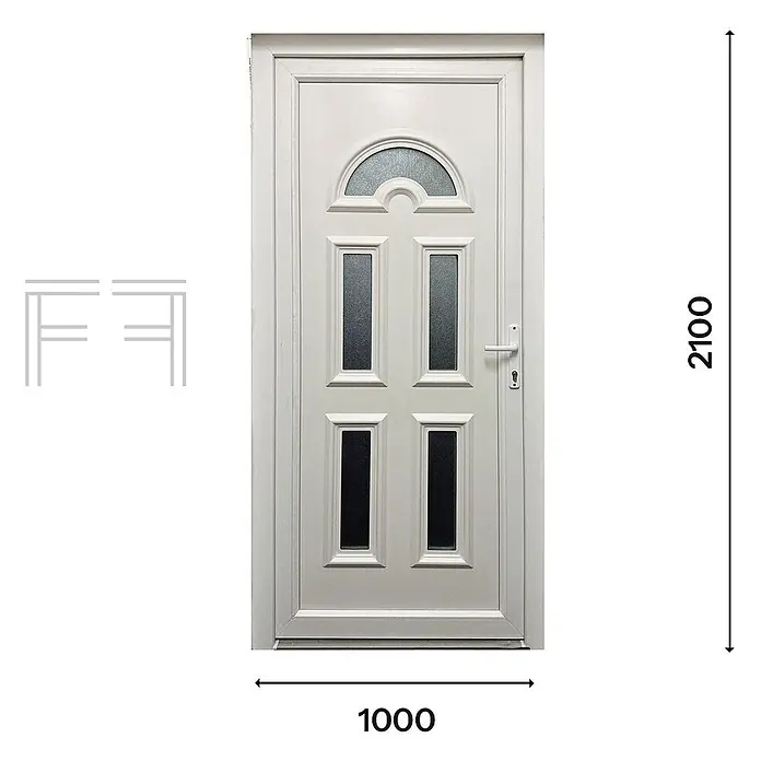 Fintex Group PVC-Eingangstür Weiß M2 L100 x H210, Öffnung links -  - Weiße Kunststoff-Haustür mit einem gewölbten Glaspaneel und vier rechteckigen Glaspaneelen, 1000x2100mm.