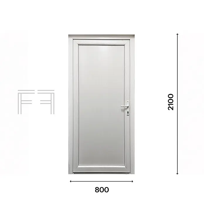 PVC-Eingangstür Weiß Basic, 800 x 2100 mm, Öffnung nach rechts -  - Hellgraue Tür mit Griff und Schloss, 800x2100 mm.