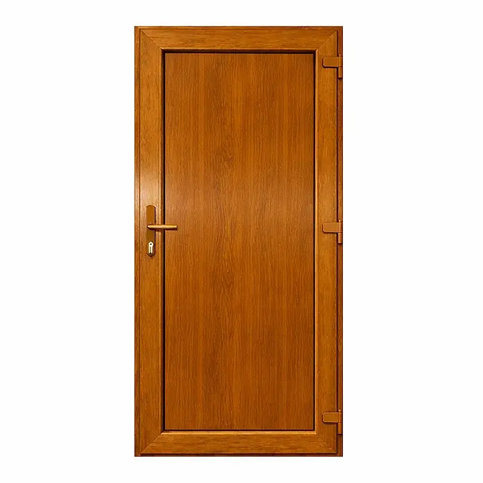 PVC-Eingangstür Eiche Basic, 800 x 2100 mm, DIN links -  - Goldbraune Holztür mit Rahmen, Griff und Schlüssellochschloss.