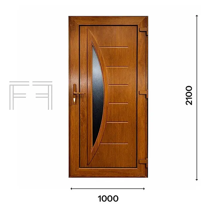 PVC-Haustür Eiche MG5, 100 x 210 cm, DIN-Anschlag links -  - Braune Holztür mit geschwungenem dunklem Glaseinsatz und horizontalen Zierlinien. Maße: 1000x2100 mm.
