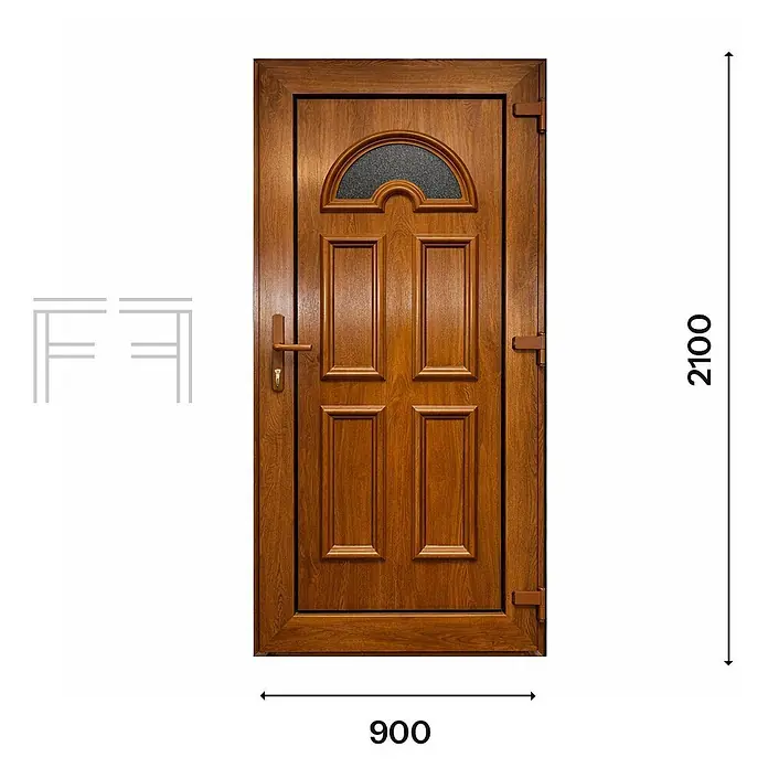 PVC-Eingangstür Eiche MG4, 900 x 2100 mm, DIN-Anschlag links -  - Braune Haustür in Holzoptik mit einem gewölbten Mattglaspanel und Zierfeldern. Maße 900x2100mm.
