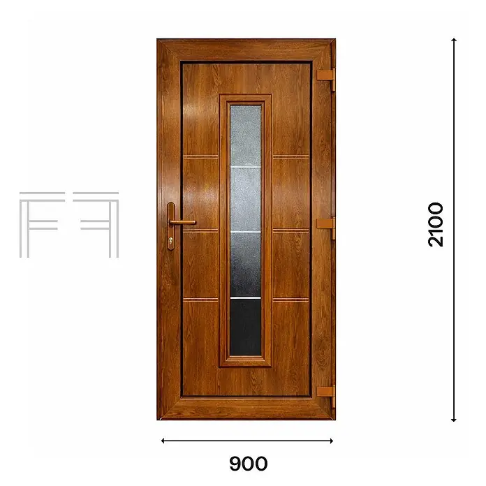 PVC-Haustür Eiche MG3, 900 x 2100 mm, DIN-Anschlag links -  - Braune Eingangstür in Holzoptik mit vertikalem Milchglaseinsatz, passenden Beschlägen und Maßen 900x2100.
