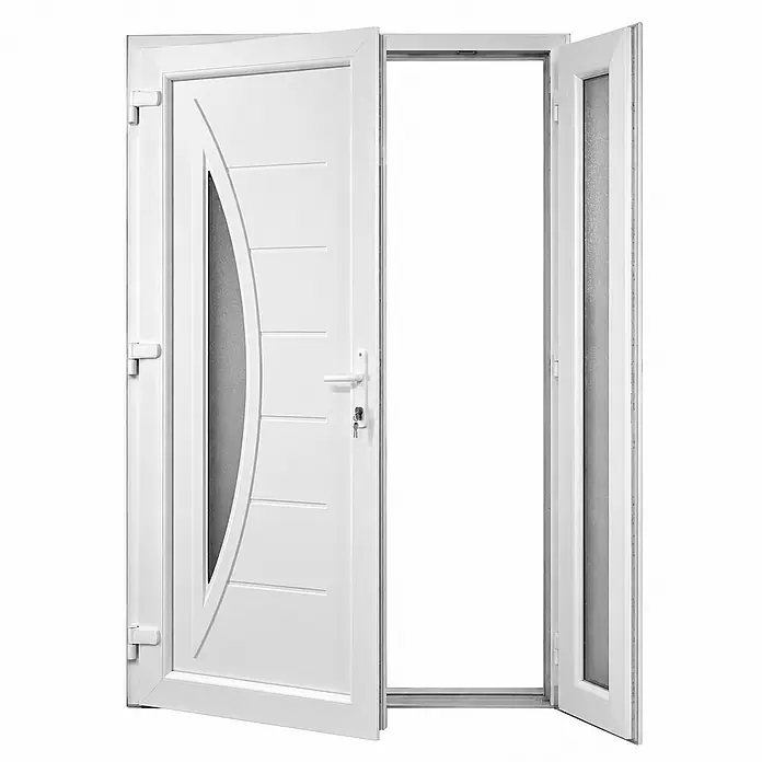 Fintex Group PVC-Eingangstür M5, 2-flügelig, 1200 x 2100 mm, links öffnend -  - Offene weiße PVC-Eingangstür mit Zierverglasung und schmalem Seitenfenster.