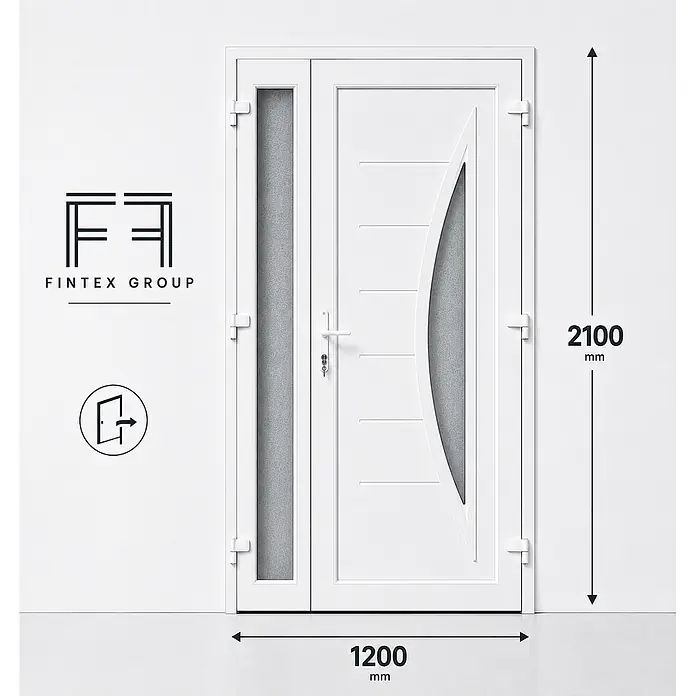 Fintex Group PVC-Eingangstür M5, 2-flügelig, 1200 x 2100 mm, links öffnend -  - Weiße Eingangstür mit Seitenteil, satiniertem Glaseinsatz und modernem Design. Maße: 2100mm hoch, 1200mm breit.