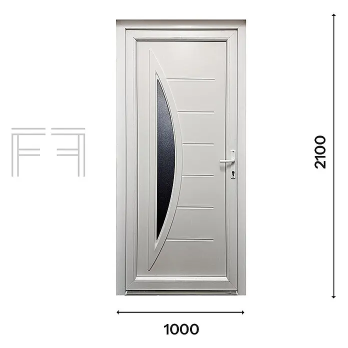 PVC-Eingangstür M5, Weiß, 1000 x 2100 mm, DIN-Anschlag rechts -  - Weiße Haustür mit gekrümmter dunkler Glasscheibe und horizontalen Rillen. Abmessungen 1000x2100.