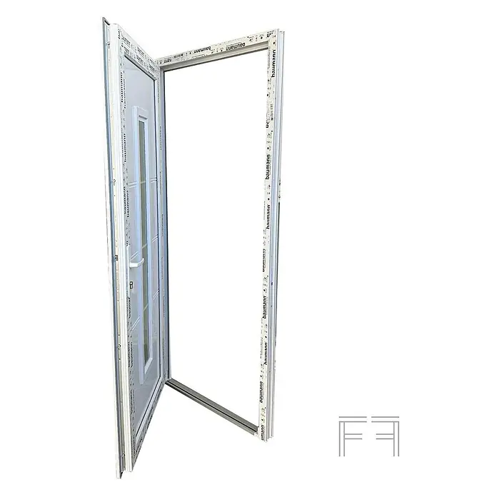 PVC-Haustür Fintex Group M3, Weiß, 900 x 2100 mm, DIN-Anschlag rechts -  - Offene weiße PVC-Tür mit Rahmenprofil, zeigt Konstruktionsdetails.