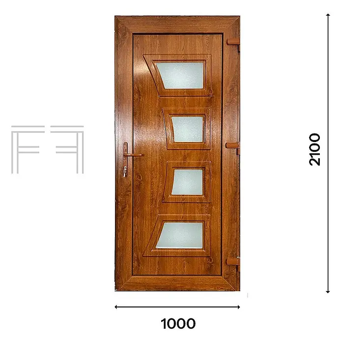 PVC-Haustür Eiche MG1, 1000 x 2100 mm, Öffnung nach rechts -  - Braune Tür in Holzoptik mit vier rechteckigen, mattierten Glasfeldern und dunklem Griff.
