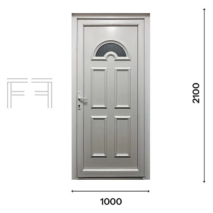 PVC-Eingangstür M4, Weiß, 100 x 210 cm, Öffnung links von innen -  - Hellgraue Tür mit halbrundem Milchglas, vier Paneelen, Griff und Schlüsselloch. Maße 1000x2100mm.