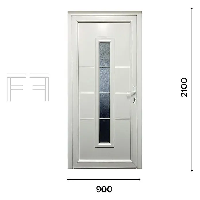 PVC-Haustür Fintex Group M3, Weiß, 900 x 2100 mm, DIN-Anschlag rechts -  - Weiße Eingangstür mit vertikalem Milchglas und silbernem Griff.