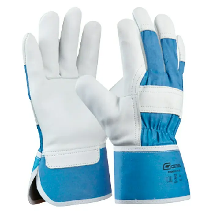 Guantes de trabajo Premium Blue - Talla del guante: 10,5, Azul/Blanco - Un par de guantes de trabajo de cuero azul y blanco. Ofrece protección y comodidad óptimas para tareas exigentes.