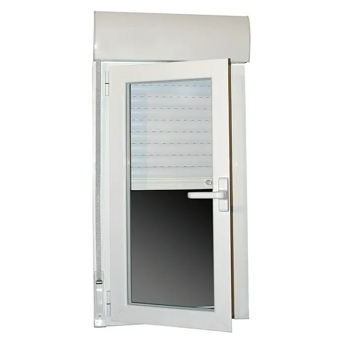 Solid Elements Ventana de aluminio practicable - 60 x 115 cm, Izquierda, Blanco - Ventana blanca con persiana enrollable parcialmente cerrada y puerta abierta, combinando diseño y funcionalidad.