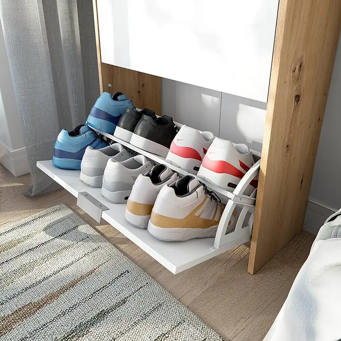 Zapatero Noa - L x An x Al: 24 x 60 x 84 cm, Blanco/Roble Nodi, Específico para: 10 pares de zapatos, aprox. - Zapatero blanco y de madera clara con estantes inclinados para guardar zapatillas de colores.
