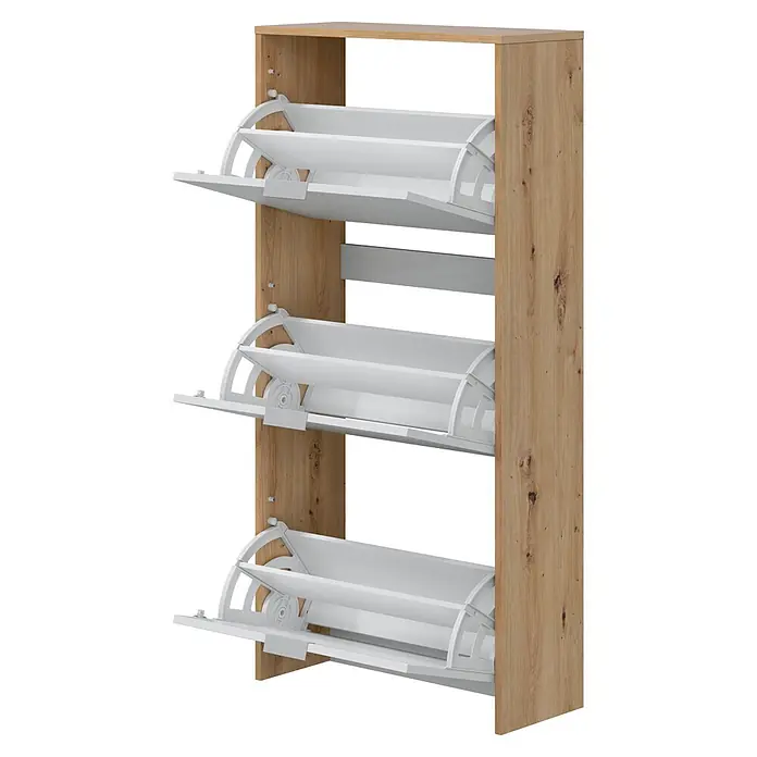 Zapatero Noa - L x An x Al: 24 x 60 x 124 cm, Blanco/Roble Nodi, Específico para: 15 pares de zapatos, aprox. - Zapatero de madera con tres compartimentos blancos abatibles para calzado.