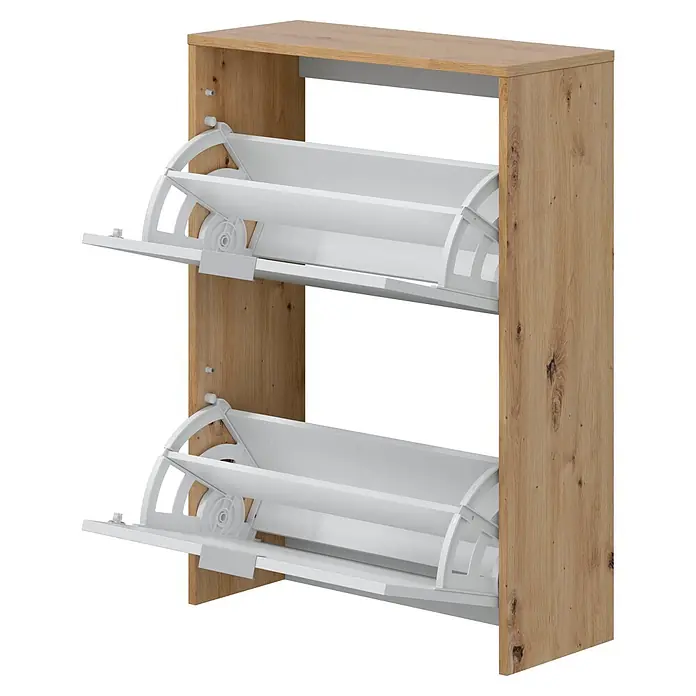 Zapatero Noa - L x An x Al: 24 x 60 x 84 cm, Blanco/Roble Nodi, Específico para: 10 pares de zapatos, aprox. - Zapatero de madera clara con dos compartimentos abatibles blancos abiertos.