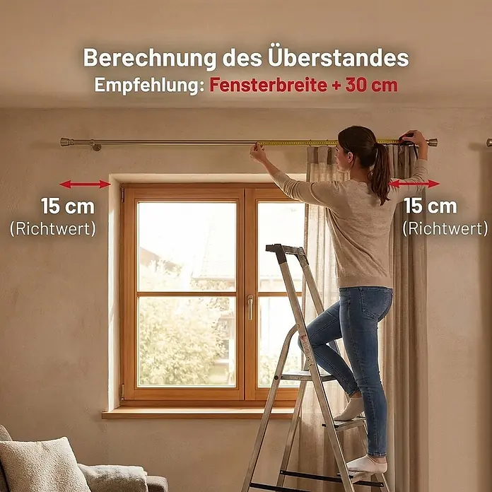 Gardinenstangen-Set Länge 400cm Ø 25mm Style Metall Schwarz-matt Cap -  - Frau misst für Gardinenstangenmontage. Empfehlung: Fensterbreite + 30 cm (15 cm Überstand pro Seite).
