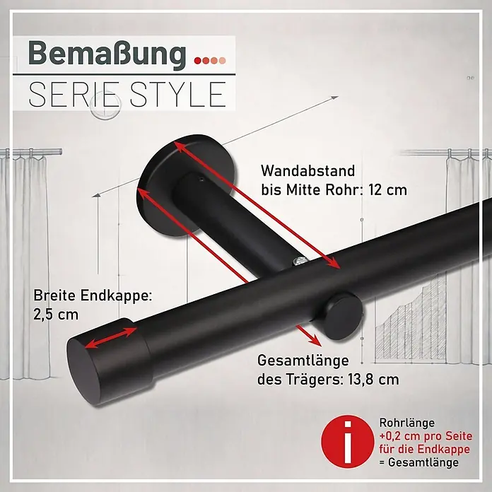 Gardinenstangen-Set Länge 400cm Ø 25mm Style Metall Schwarz-matt Cap -  - Schwarze Gardinenstangenhalterung mit Endkappe, Maße: 2,5 cm Endkappenbreite, 12 cm Wandabstand, 13,8 cm Gesamtlänge des Halters.