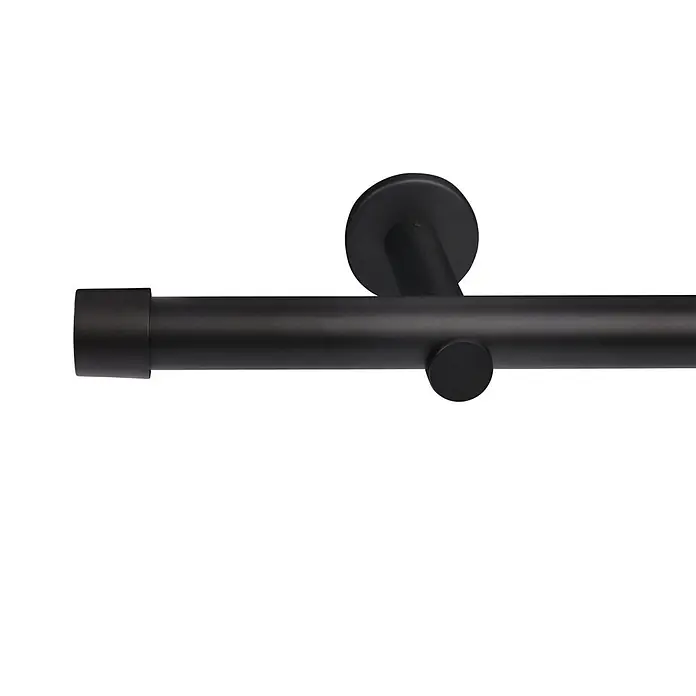 Gardinenstangen-Set Länge 400cm Ø 25mm Style Metall Schwarz-matt Cap -  - Schwarze Gardinenstange mit zylindrischem Endstück und Wandhalterung.