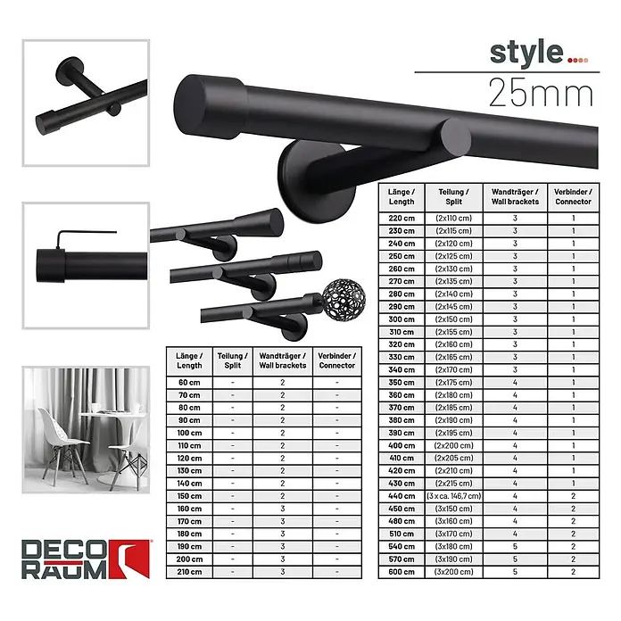 Gardinenstangen-Set Länge 400cm Ø 25mm Style Metall Schwarz-matt Cap -  - Mattes schwarzes Metall-Gardinenstangensystem mit verschiedenen Endstücken, Wandhalterungen und einer Spezifikationstabelle.