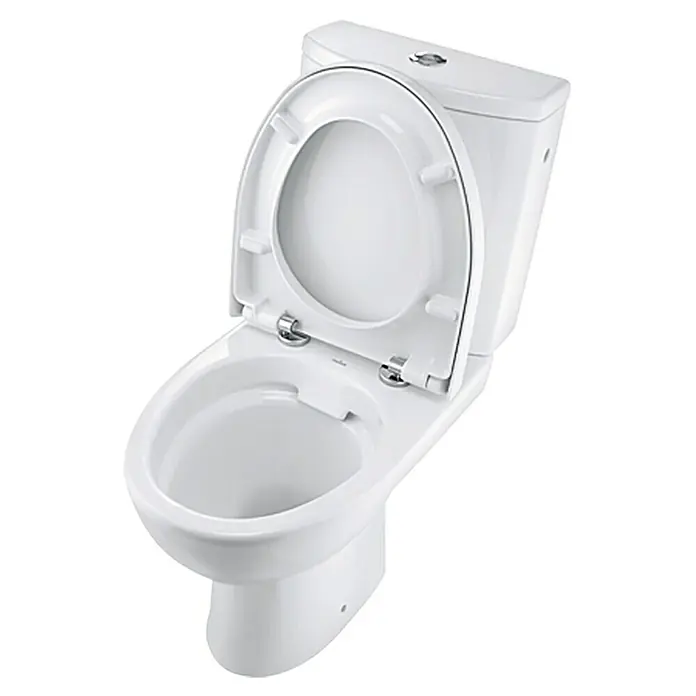 Stand-WC-Kombination Parva - Spülrandlos, Ohne Spezialglasur, Spülform: Tief, WC Abgang: Waagerecht, Weiß - Nahaufnahme einer weißen Toilette mit offenem Deckel, die modernes Design und Funktionalität für das Badezimmer zeigt.