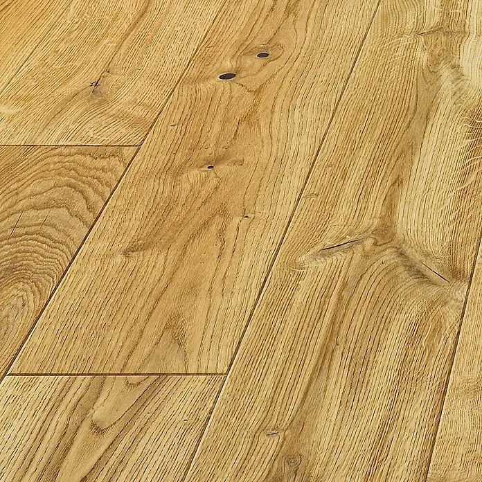 Parkett - Eiche natur geölt, Landhausdiele, 1.092 x 180 x 14 mm - Nahaufnahme von rustikalem Eichenparkett mit Astlöchern und markanter Maserung, ideal für eine warme und natürliche Atmosphäre.