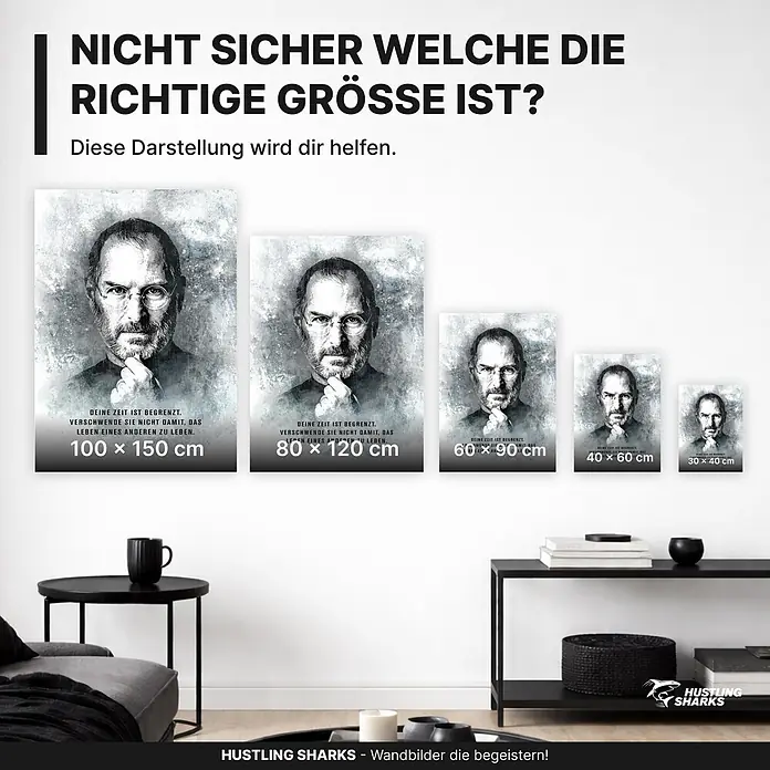 Hustling Sharks Leinwandbild Lebe Dein Leben – 30 × 40 cm -  - Fünf gerahmte Graustufen-Drucke von Steve Jobs an einer Wand, die verschiedene Größen von 30x40cm bis 100x150cm zeigen.