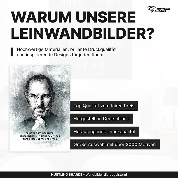 Hustling Sharks Leinwandbild Lebe Dein Leben – 30 × 40 cm -  - Ein Leinwandbild mit einem Schwarz-Weiß-Porträt von Steve Jobs, umgeben von Text, der hochwertige Wandbilder bewirbt.