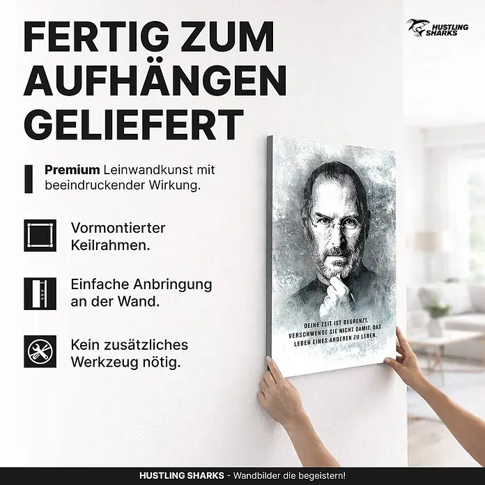 Hustling Sharks Leinwandbild Lebe Dein Leben – 30 × 40 cm -  - Leinwandbild mit monochrome Porträt von Steve Jobs, lieferfertig zum Aufhängen und an der Wand platziert.