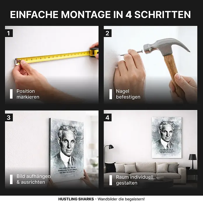 Hustling Sharks Leinwandbild GEH NEUE WEGE – 100 × 150 cm -  - Eine 4-Schritte-Anleitung zeigt, wie Wandbilder angebracht werden: Position markieren, Nagel befestigen, Bild aufhängen & Raum gestalten.