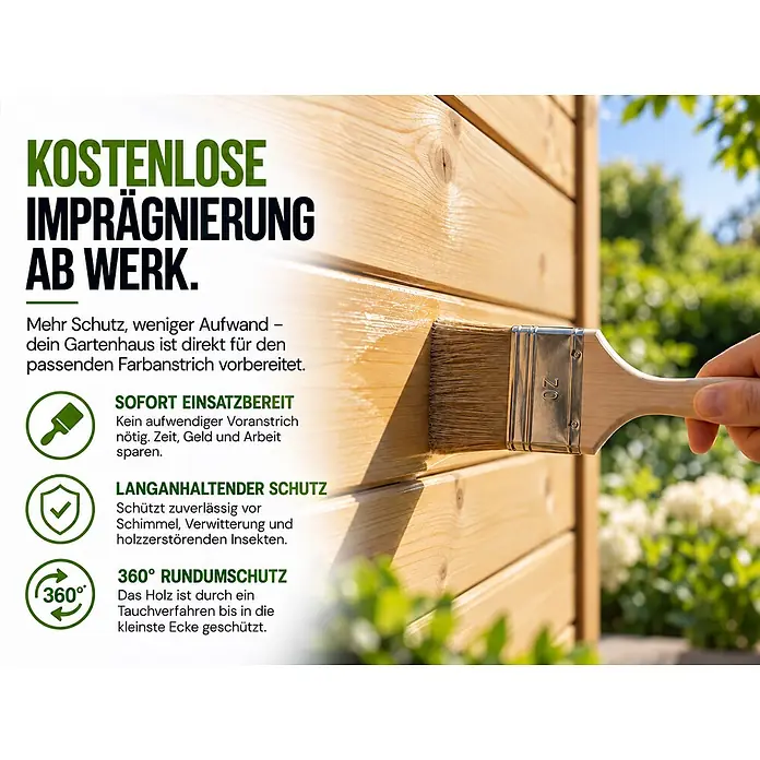 Fjordholz 2-Raum Gartenhaus  Alu Line 44-F, 19.20  m², Isoliervergl. -  - Hand streicht helles Gartenhaus mit Schutzlasur ein.