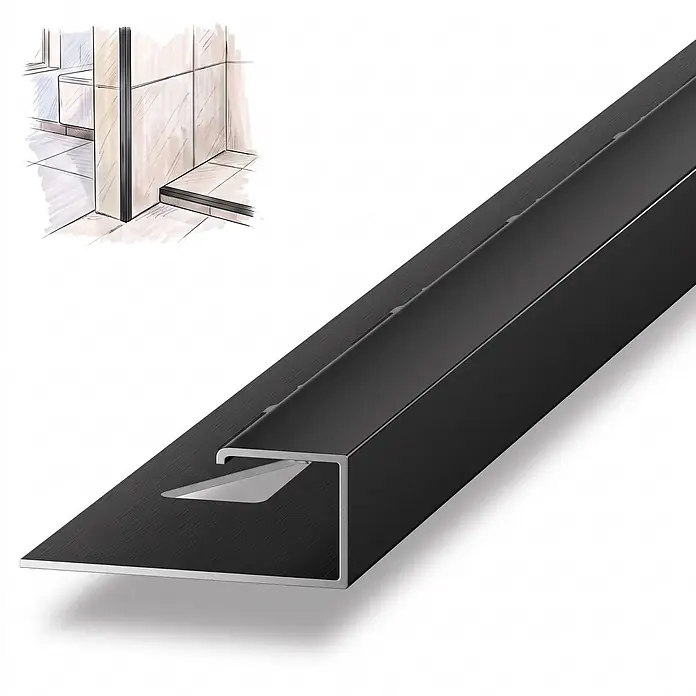 Dalsys Fliesenschiene Aluminium 2,5m x 12,5mm Eckprofil Schwarz -  - Schwarzes, gebürstetes Aluminium L-Profil für Fliesenkanten, mit Anwendungsbeispiel.