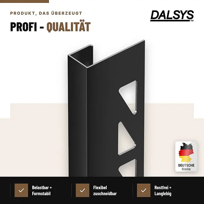 Dalsys Fliesenschiene Aluminium 2,5m x 12,5mm Eckprofil Schwarz -  - Schwarz gebürstetes L-förmiges Fliesenprofil mit dreieckigen Befestigungslöchern.