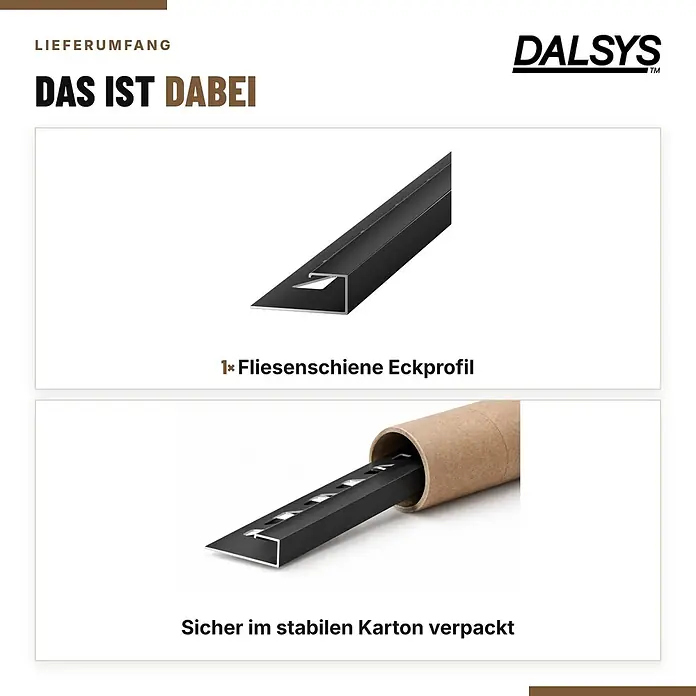 Dalsys Fliesenschiene Aluminium 2,5m x 12,5mm Eckprofil Schwarz -  - Schwarzes Fliesen-Eckprofil, einzeln und sicher in einem stabilen Karton verpackt dargestellt.