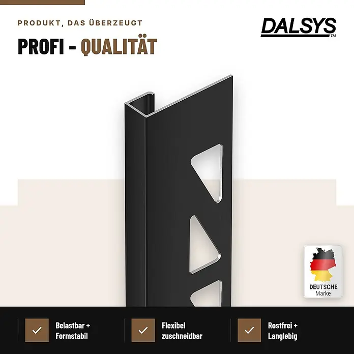 Dalsys Fliesenschiene Aluminium 2,5m x 8mm Eckprofil Schwarz -  - Schwarzes Metall-Fliesenprofil mit dreieckigen Aussparungen, betont professionelle Qualität.