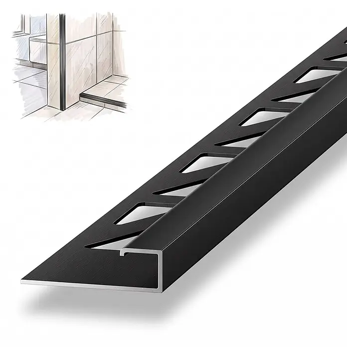 Dalsys Fliesenschiene Aluminium 2,5m x 8mm Eckprofil Schwarz -  - Schwarze gebürstete L-Profil-Fliesenleiste mit perforierter Verankerung. Skizze illustriert Verwendung für Fliesenränder und Stufen.
