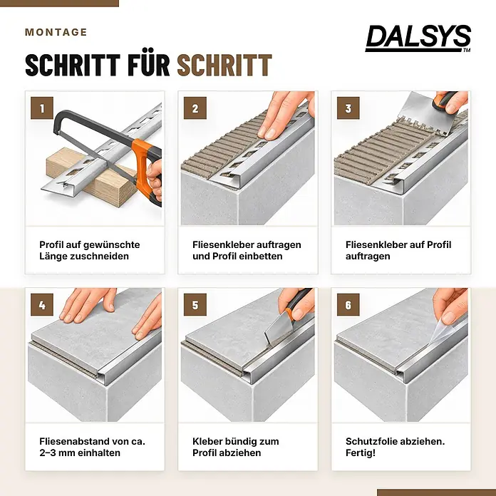Dalsys Fliesenschiene Aluminium 2,5m x 8mm Eckprofil Schwarz -  - Montageanleitung für ein DALSYS Fliesenprofil, mit Schritten wie Zuschneiden, Einbetten, Kleberauftrag und Reinigen.