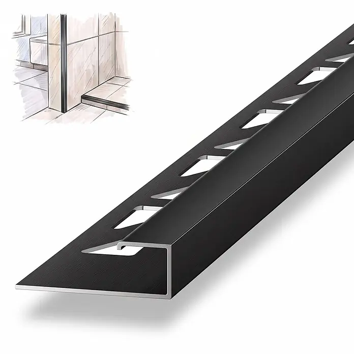 Dalsys Fliesenschiene Aluminium 2,5m x 10mm Eckprofil Schwarz -  - Schwarzes Aluminium-Fliesenprofil mit Lochsteg zur Flieseninstallation, Anwendungsskizze inklusive.
