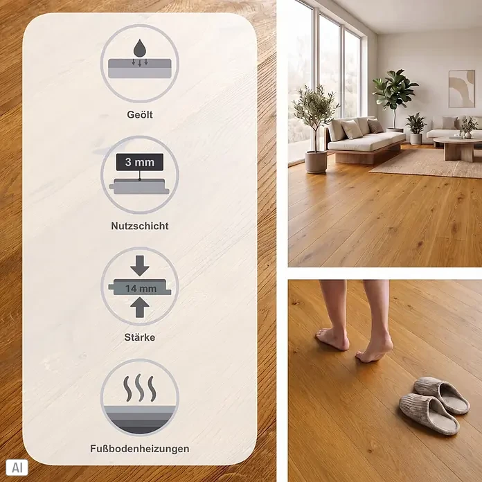 Parkett - Eiche Fabia, Landhausdiele, 1.900 x 190 x 14 mm - Naturholzparkett mit 3mm Nutzschicht und 14mm Stärke, geeignet für Fußbodenheizungen, gezeigt in modernem Wohnzimmer und Nahaufnahme.