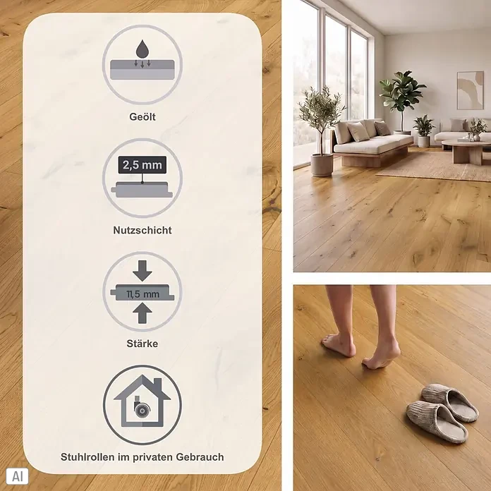 Parador Parkett Basic 11.5 - Eiche Chianti natur gebürstet, Landhausdiele, 2.200 x 185 x 11,5 mm - Helles geöltes Holzparkett mit 2,5 mm Nutzschicht und 11,5 mm Stärke, geeignet für private Nutzung mit Stuhlrollen, im Wohnzimmer gezeigt.