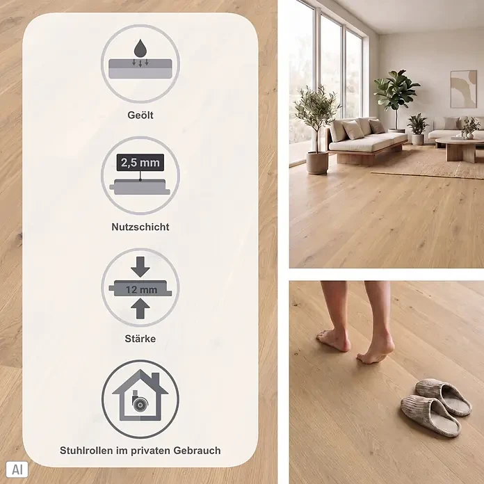 Living by Haro Parkett - Eiche Weiß strukturiert, Landhausdiele, 1.085 x 180 x 12 mm - Helles Holzparkett in modernem Wohnzimmer. Infografiken: geölte Oberfläche, 2,5mm Nutzschicht, 12mm Stärke, Eignung für Stuhlrollen im privaten Gebrauch.