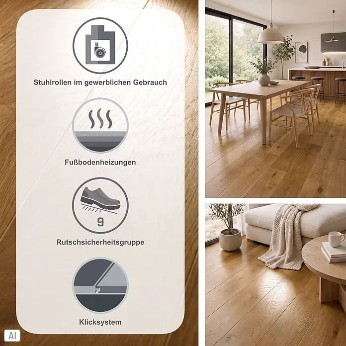 Living by Haro Parkett - Eiche Mokkabraun, Landhausdiele, 1.085 x 173 x 12 mm - Helles Holzparkett in einem modernen Zuhause, präsentiert mit Symbolen für seine Eigenschaften wie Stuhlrollenfestigkeit und Fußbodenheizung.