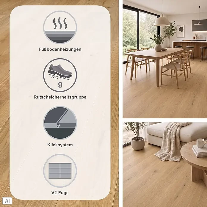 Living by Haro Parkett - Eiche strukturiert Naturöl, Landhausdiele, 2.200 x 180 x 12 mm - Heller Holzoptik-Bodenbelag mit Klicksystem, Rutschsicherheit, V2-Fugen und Fußbodenheizungskompatibilität, in modernen Räumen.