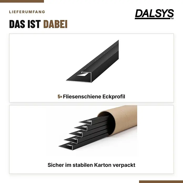Dalsys Fliesenschiene Aluminium 5x 2,5m x 12,5mm Eckprofil Schwarz -  - 5 schwarze Fliesenschienen Eckprofile, sicher im Karton verpackt.